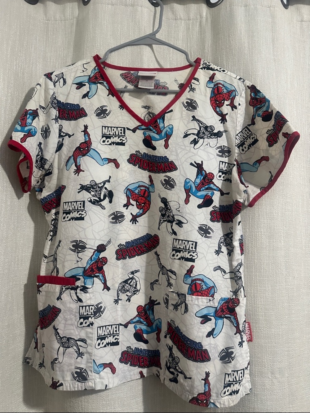 Marvel Spider-Man Print Scrub Top in White, Red & Blue